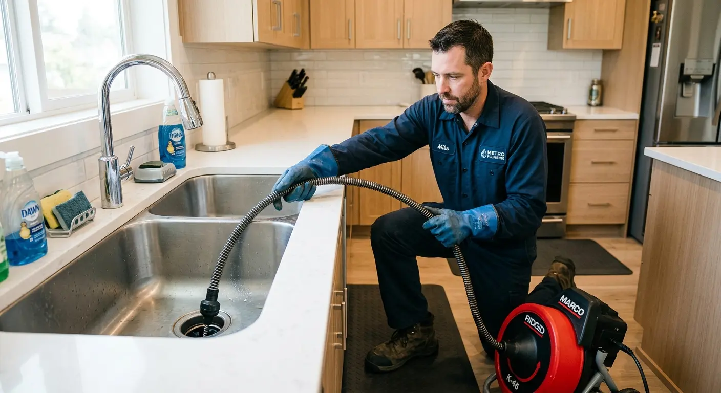 Drain cleaning technician using a motorized snake on a kitchen sink in Wyldwood