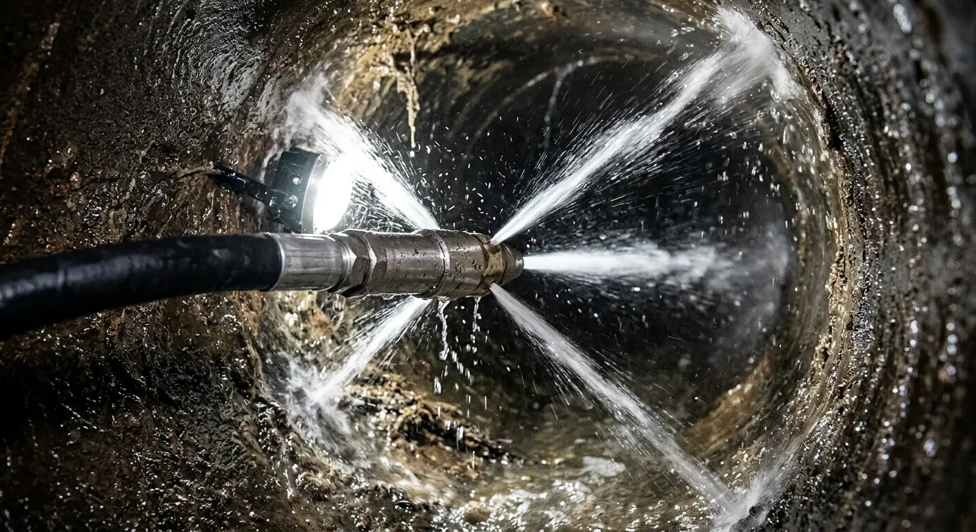 High-pressure hydro jetting nozzle cleaning sewer pipe for Trenchless Sewer Repair in Wyldwood