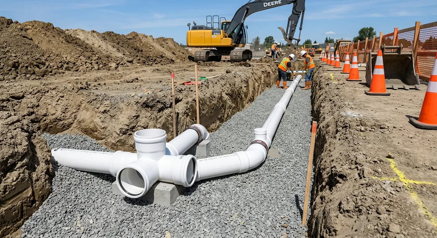 New PVC sewer pipe installation in open trench for Sewer Backup in Wyldwood