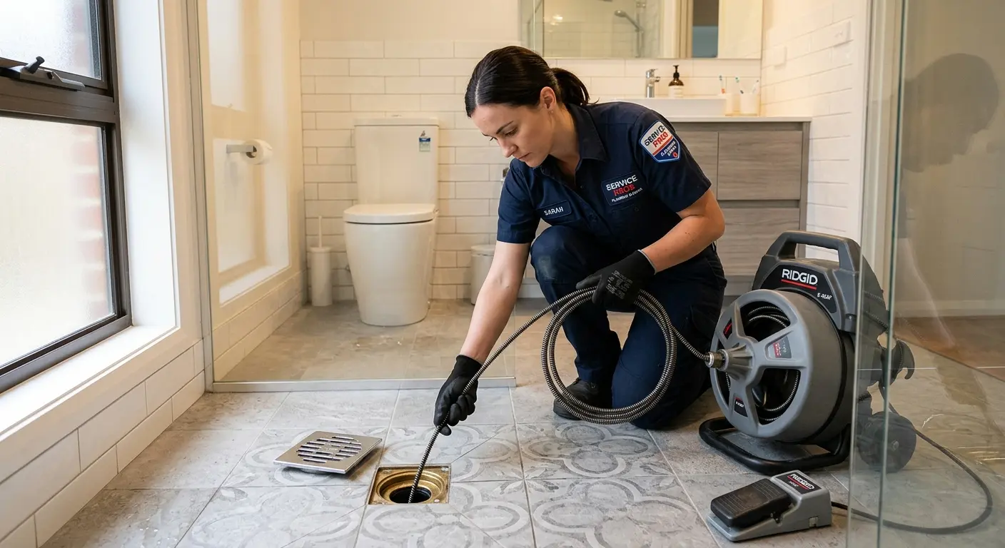Technician clearing a bathroom floor drain for Clogged Drain Repair in Wyldwood